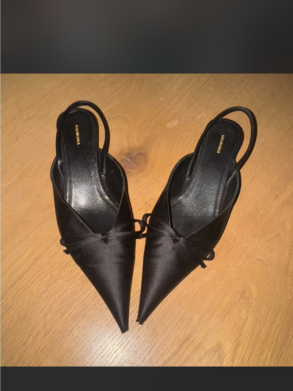 Balenciaga Black Pointed Satin Slingback Pumps with Bow Detail